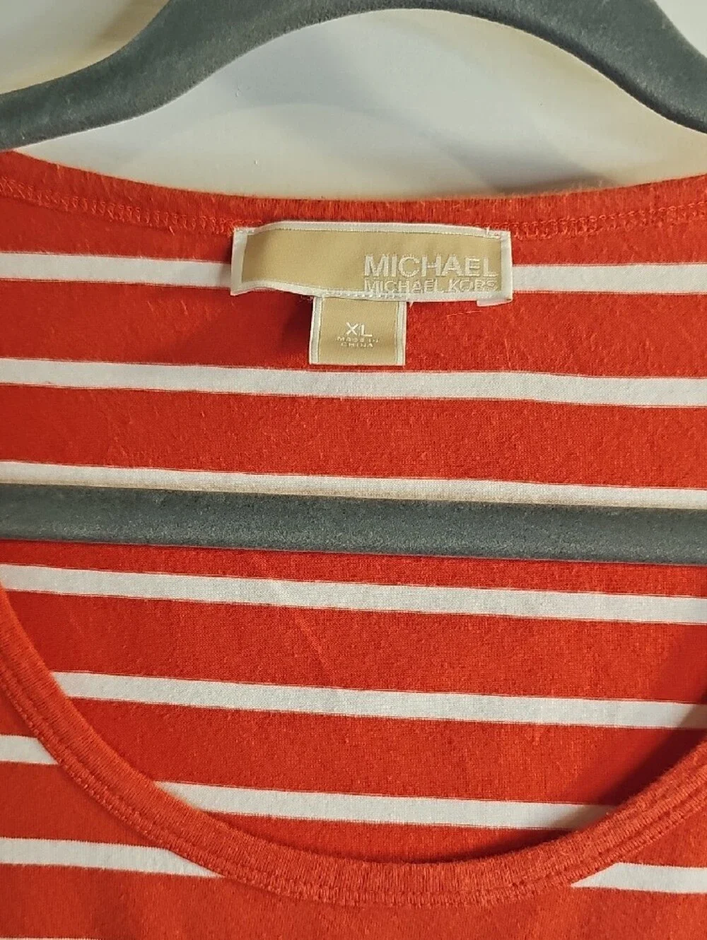 Michael Kors Orange & White Striped Short-Sleeve Scoop Neck Tee with Side Ruche